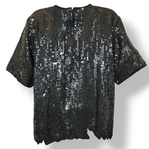 Vintage 80s Jewel Queen 100% Silk Beaded and Sequin Cut Out Hem Evening Top Sz S - Picture 2 of 9
